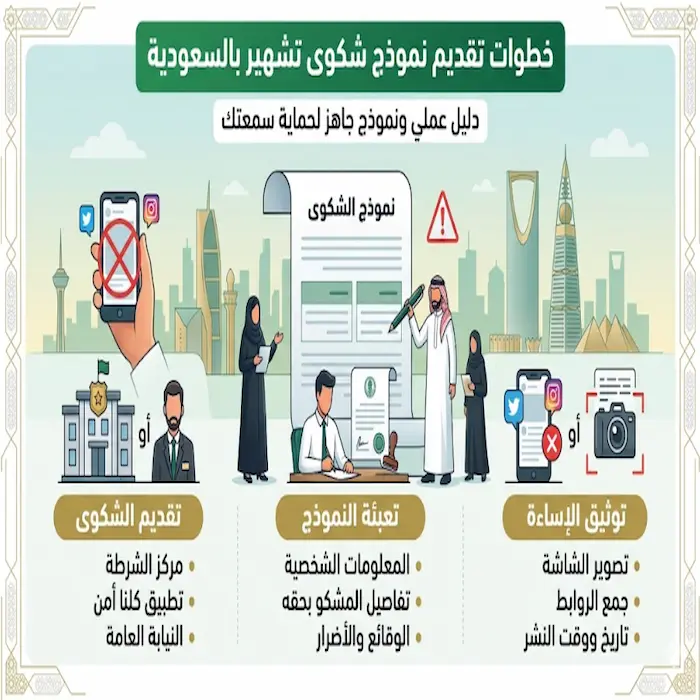 اريد نموذج شكوى تشهير ضد شخص يشوه سمعتي بالسعودية