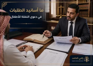صورة غلاف توضح أسانيد الطلبات في دعوى النفقة للأطفال داخل مكتب محاماة سعودي