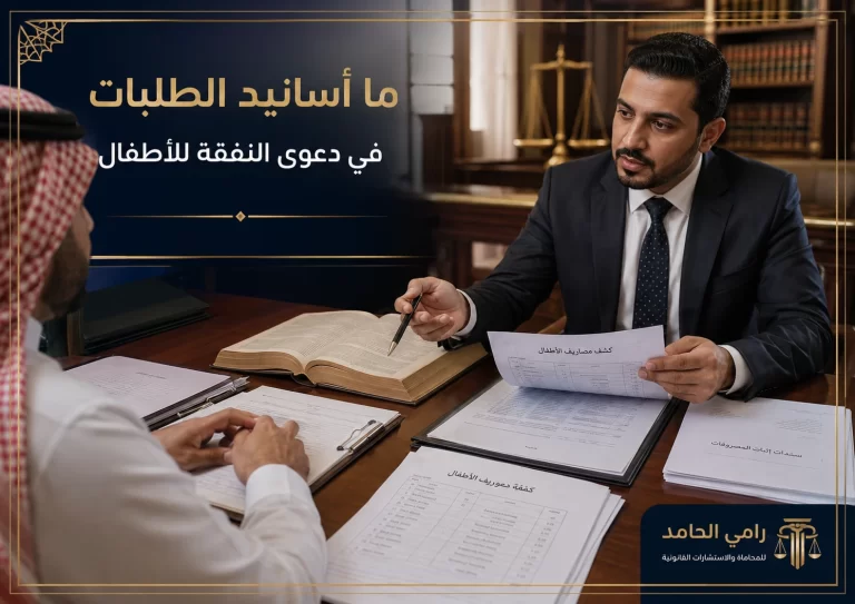 صورة غلاف توضح أسانيد الطلبات في دعوى النفقة للأطفال داخل مكتب محاماة سعودي