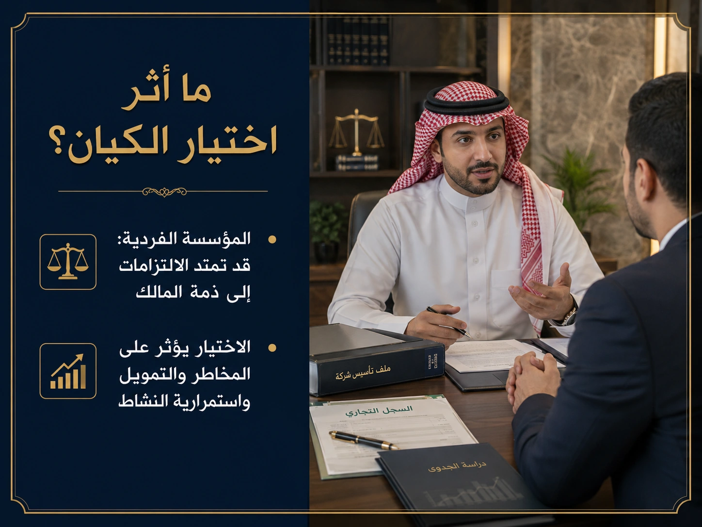 إنفوجرافكس يوضح أثر اختيار الكيان على المخاطر والتمويل واستمرارية النشاط.