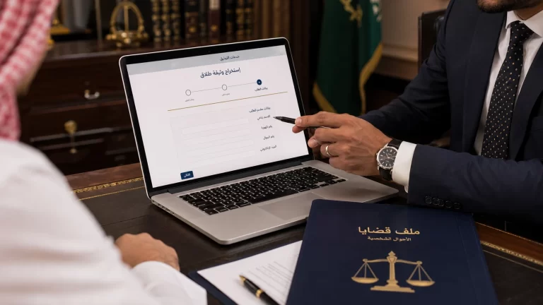 صورة غلاف توضح استخراج صك الطلاق إلكترونياً في السعودية داخل مكتب قانوني سعودي