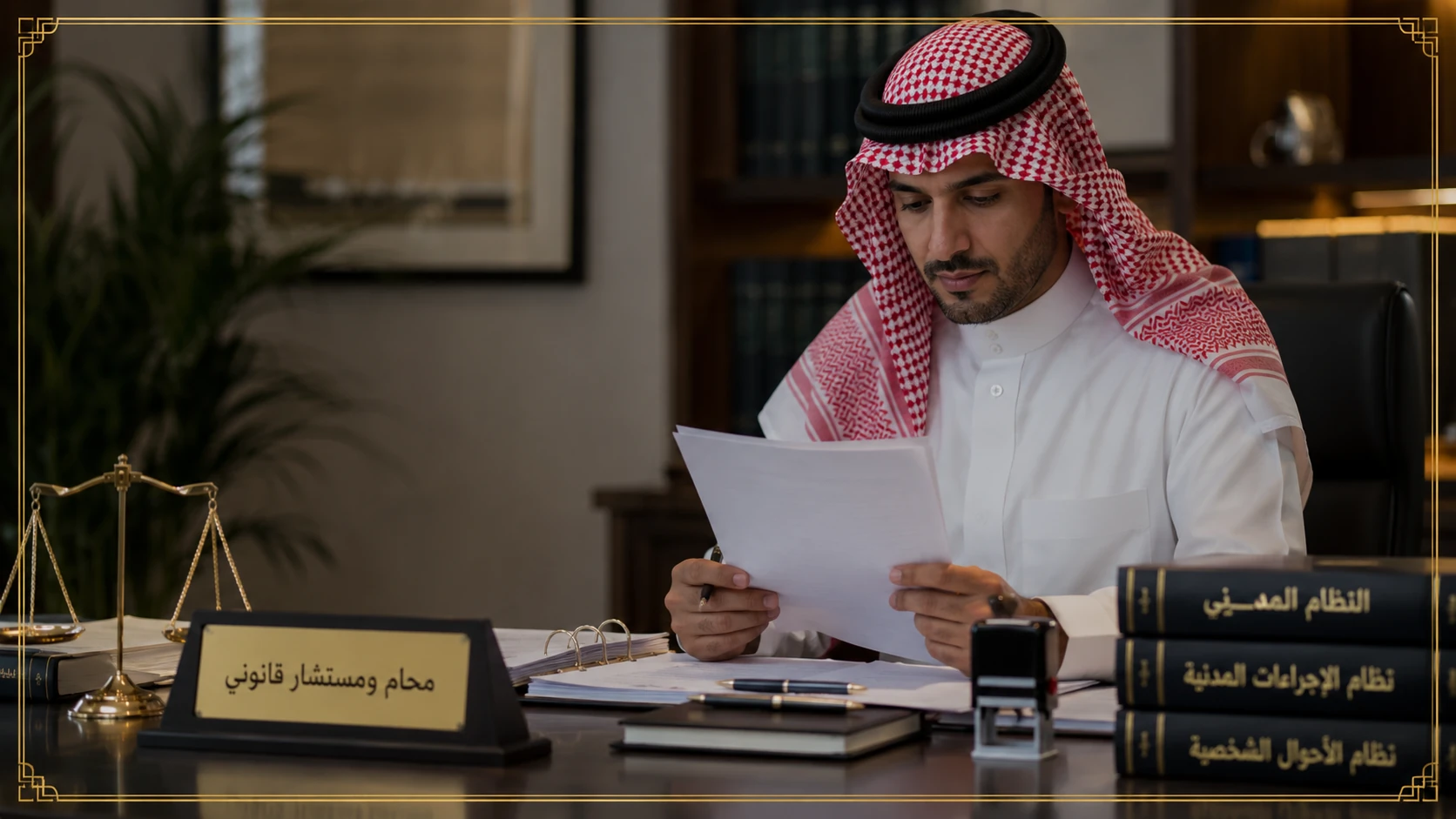 كيفية استخراج صك الطلاق في السعودية إلكترونيًا 2 صورة توضيحية لمحامٍ سعودي يراجع وثيقة طلاق داخل مكتب قانوني