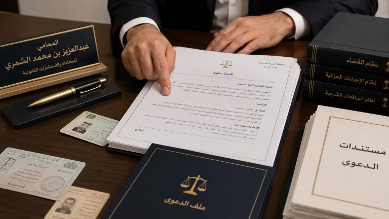 صورة غلاف توضح صحيفة دعوى عقوق ومستندات دعوى داخل مكتب قانوني سعودي