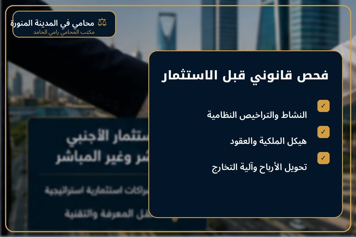 إنفوجرافكس عن الفحص القانوني قبل الاستثمار الأجنبي في السعودية.