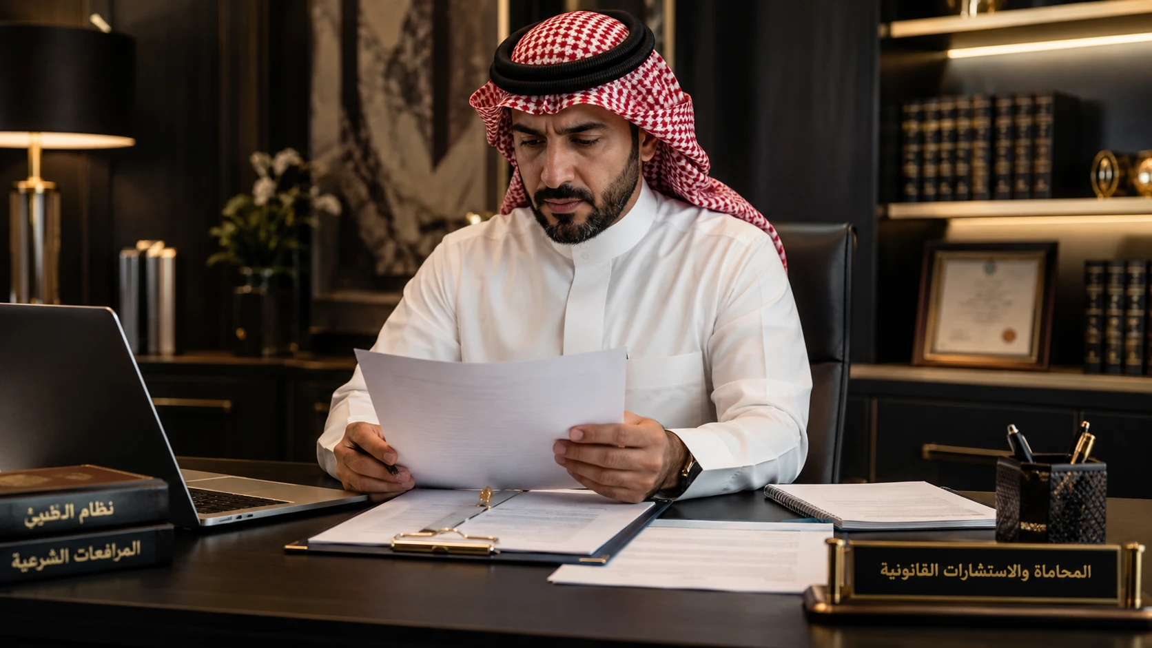 إسقاط قضية عقوق كيدية في السعودية: العقوبة والإجراءات 2 صورة توضيحية لمحامٍ سعودي يراجع ملف دفاع ضد دعوى عقوق كيدية