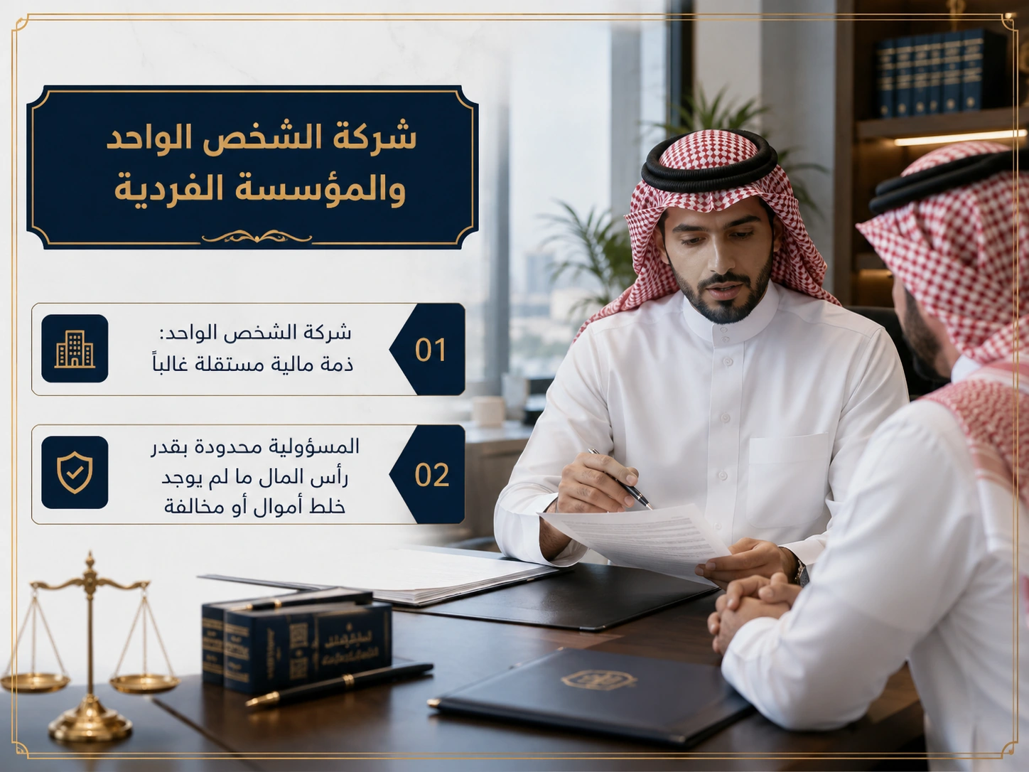 إنفوجرافكس يوضح الفرق في المسؤولية بين شركة الشخص الواحد والمؤسسة الفردية.