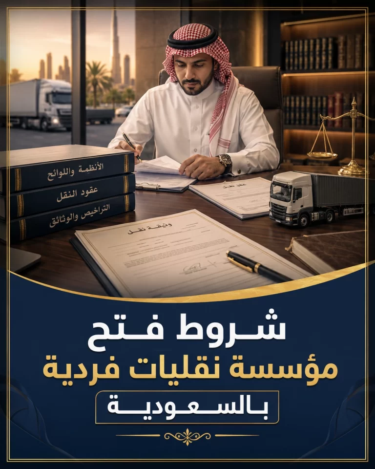 غلاف احترافي لمقال شروط فتح مؤسسة نقليات فردية بالسعودية