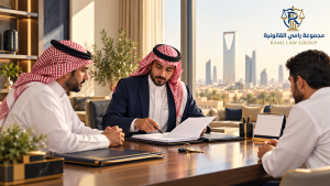 مالك ومستأجر مع محامٍ يراجعون عقد الإيجار المتعثر في سداد الأجرة