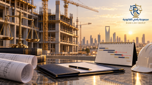 موقع إنشاء متعثر مع جدول زمني وميزان عدالة يوضح نزاع تأخر المقاول